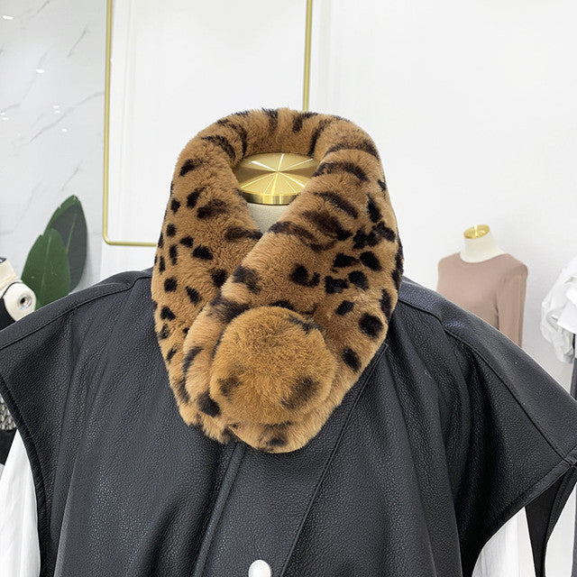 Winter Women Rabbit Fur Scarf Soft Plush Double-Sided Thickened Whole Skin Elk Leopard Print Suction Buckle Fur Scarf Outdoor
