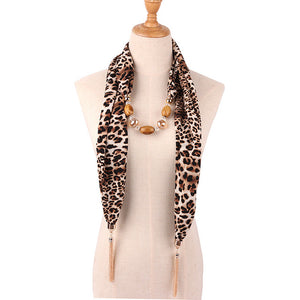 Fashion Women Tassel Necklace Chiffon Scarf Wrap Fringed Beads Chain Bid Sexy Female Leopard Snake Skin Print Exaggerated Collar