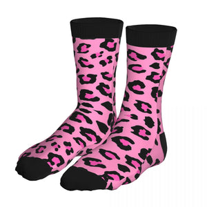 Pink Leopard Print Socks For Men 90% Polyester Funny Middle Tube Socks Crew Leopard Skin Pattern Animal Party