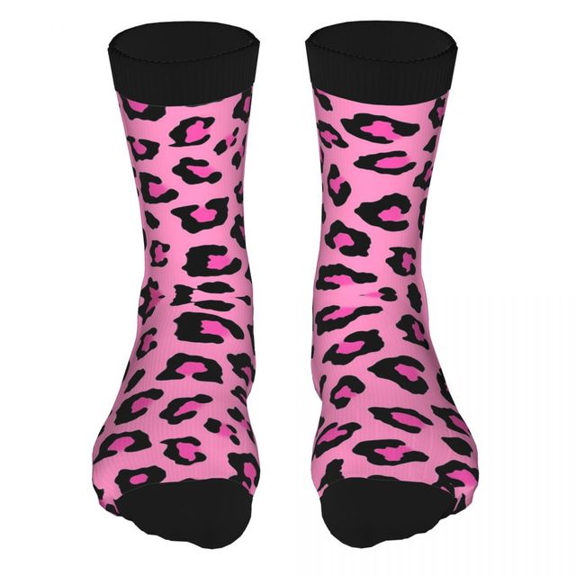 Pink Leopard Print Socks For Men 90% Polyester Funny Middle Tube Socks Crew Leopard Skin Pattern Animal Party