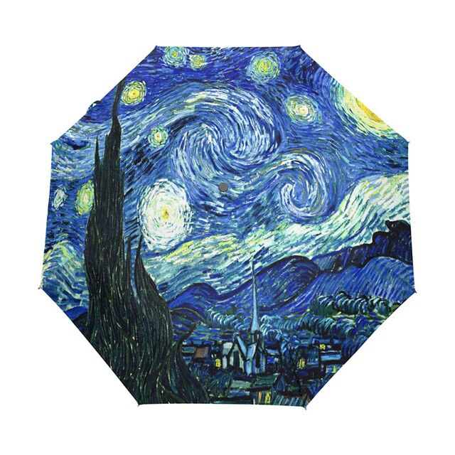 Creative Painting Starry Night Umbrella Van Gogh Oil Painting Three-Folding Sunny Rainy Umbrella Anti-UV Umbrella For Girl