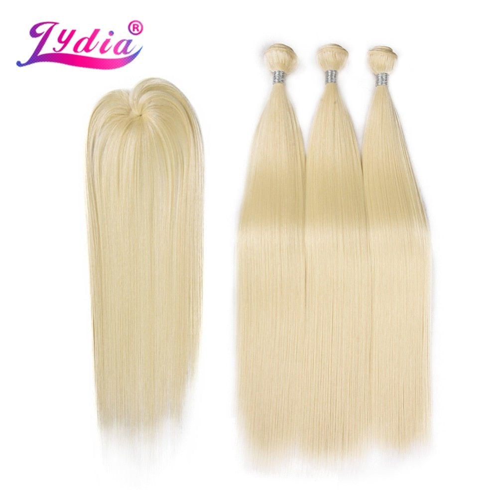 Lydia Synthetic Yaki Straight Hair Weave With Double Weft 613# Blonde Hair Bundles 16inch-20inch 4pcs/Pack With Free Closure