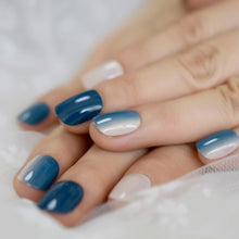 Load image into Gallery viewer, Fashion Artificial Nails Ombre Faux Ongles Blue Nude Gradient Short Daily Decoration Fingernails with Glue tabs 24 Kit
