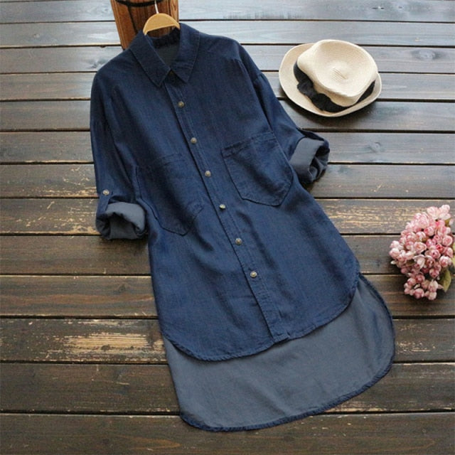Plus Size S-5XL Jean Women Blouses Autumn Solid Long Style Women Tops Turn-down Collar Long Sleeve Women Shirts Hot Sale Blouse