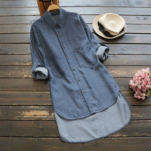 Plus Size S-5XL Jean Women Blouses Autumn Solid Long Style Women Tops Turn-down Collar Long Sleeve Women Shirts Hot Sale Blouse